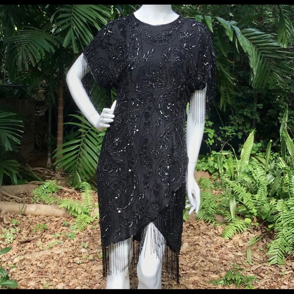 Right Choice Dress Vintage 1980s Silk Sequins Beaded Fringe Evening black M/L.